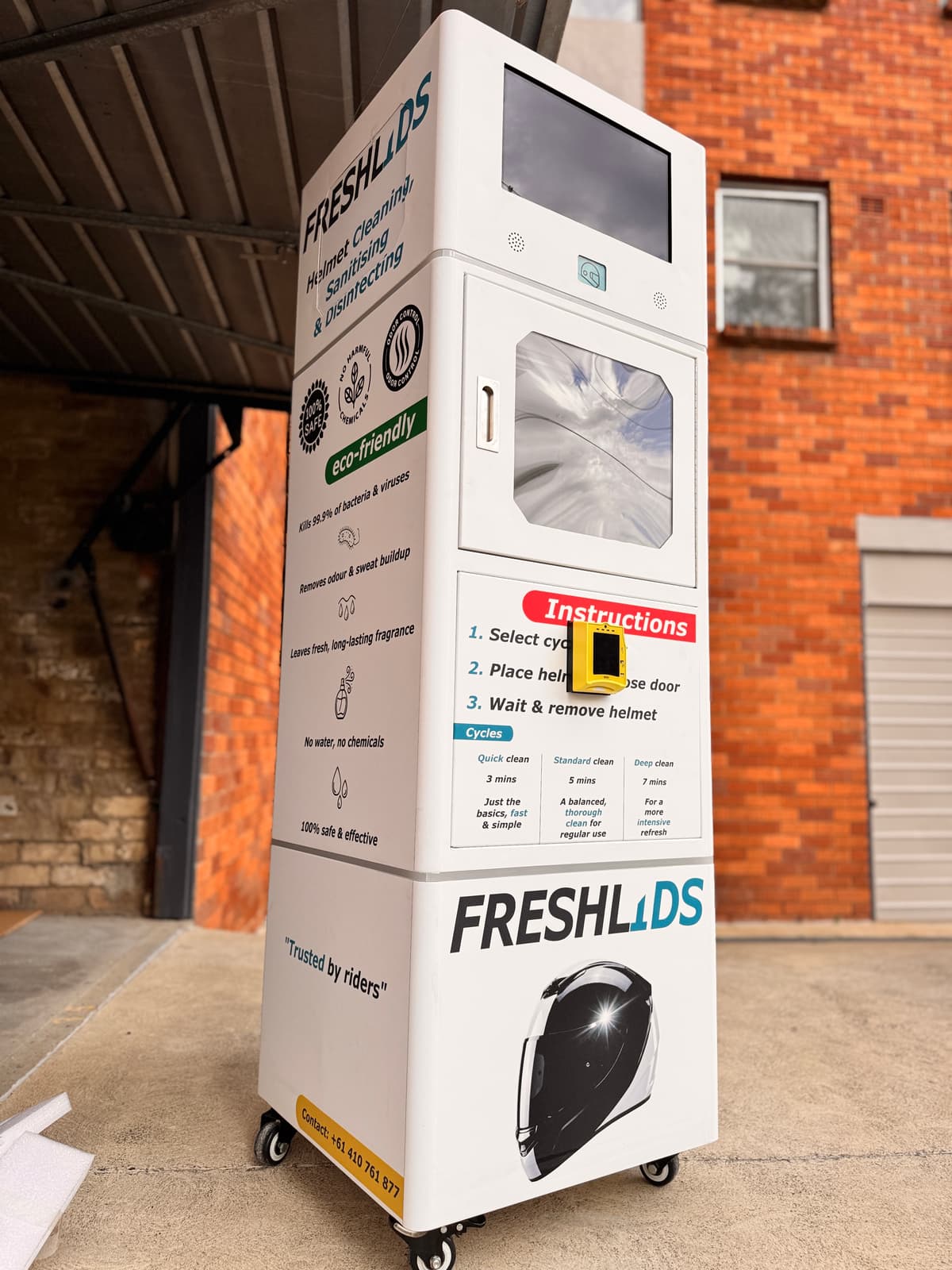 The FreshLids helmet cleaning machine